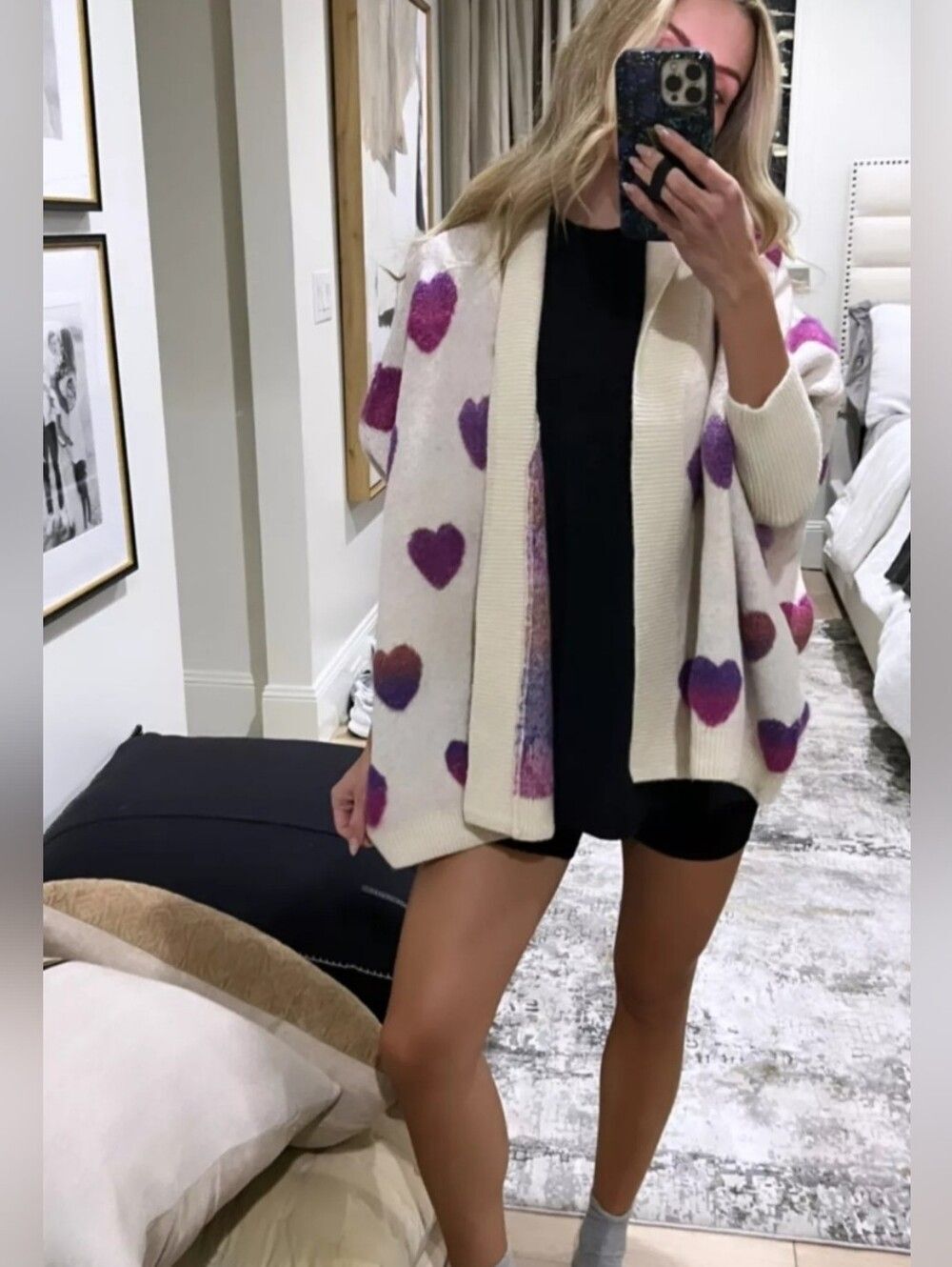 Anthropologie Heart Print Cream Open-Front Sweater Cardigan by Look By M One Sz